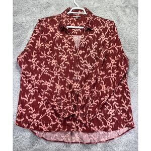 Knox Rose Boho Smocked Red Pink Aztec Floral Long Sleeve Top High Low XXL Button